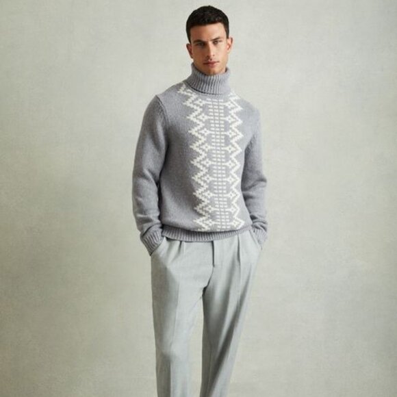 Reiss Men's Denvar Gray and White Turtleneck Sweater- Extra Large